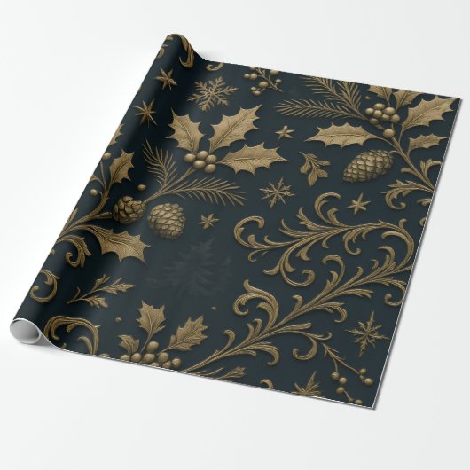 Luxury Gold & Navy Gilded Botanical Christmas Geschenkpapier (Ungerollt)