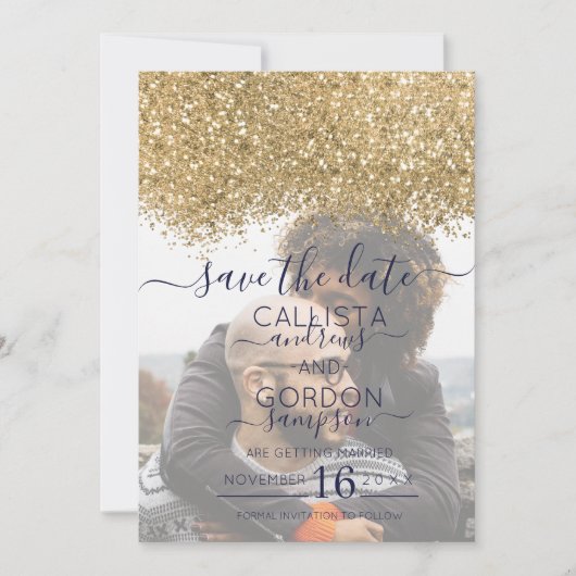Luxury Gold Navy Glitzer Confetti Foto Hochzeit Save The Date (Vorderseite)