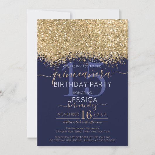 Luxury Gold Navy Glitzer Confetti Quinceañera Einladung (Vorderseite)