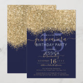 Luxury Gold Navy Glitzer Confetti Quinceañera Einladung (Vorne/Hinten)