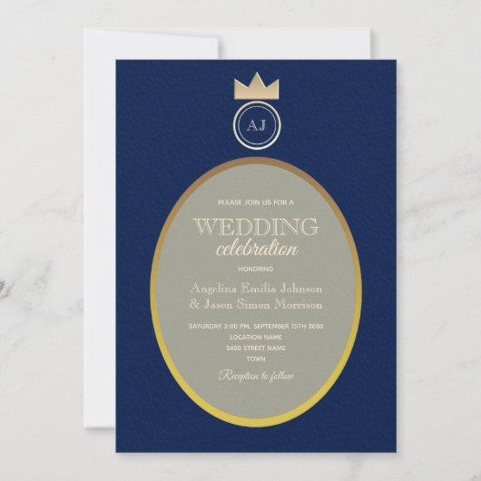Luxury Gold Navy Monogram Wedding Einladung (Vorderseite)