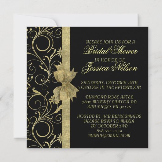 Luxury Gold Ribbon Damask Black Dusche Einladung (Vorderseite)