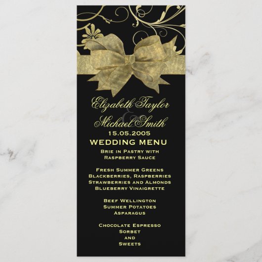 Luxury Gold Ribbon Damask Black Wedding Menü Menükarte (Vorderseite)