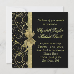 Luxury Gold Ribbon Damask Black Wedite Einladung