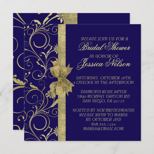 Luxury Gold Ribbon Damask Blauer Duschkopf Einladu Einladung (Vorne/Hinten)
