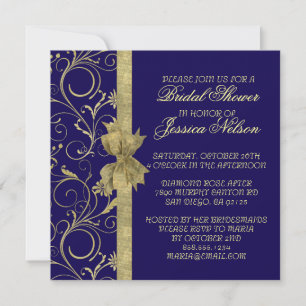 Luxury Gold Ribbon Damask Blauer Duschkopf Einladu Einladung