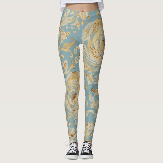 Luxury Gold Roses and Soft Blue Leggings (Vorderseite)
