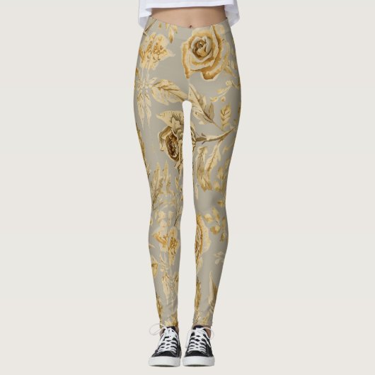 Luxury, Gold Roses and Taupe Beige Leggings (Vorderseite)