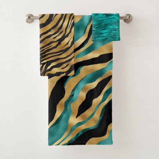 Luxury Gold Teal Tiger Stripe Pattern Badhandtuch Set (Insitu)