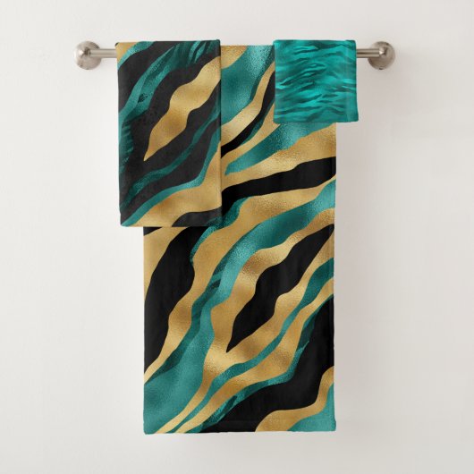 Luxury Gold Teal Tiger Stripe Pattern Badhandtuch Set (Insitu)