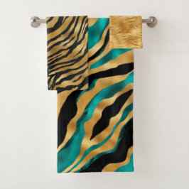 Luxury Gold Teal Tiger Stripe Pattern Badhandtuch Set