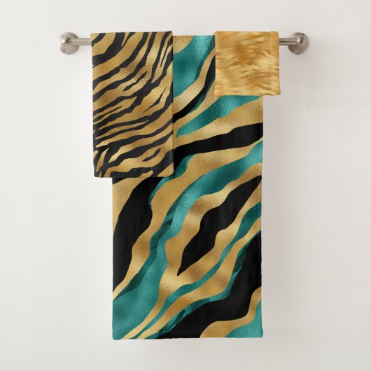 Luxury Gold Teal Tiger Stripe Pattern Badhandtuch Set (Insitu)