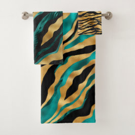 Luxury Gold Teal Tiger Stripe Pattern Badhandtuch Set