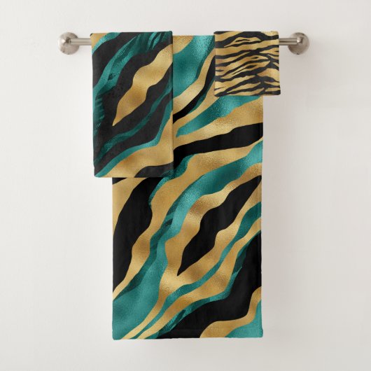 Luxury Gold Teal Tiger Stripe Pattern Badhandtuch Set (Insitu)