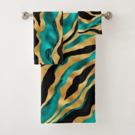 Luxury Gold Teal Tiger Stripe Pattern Badhandtuch Set