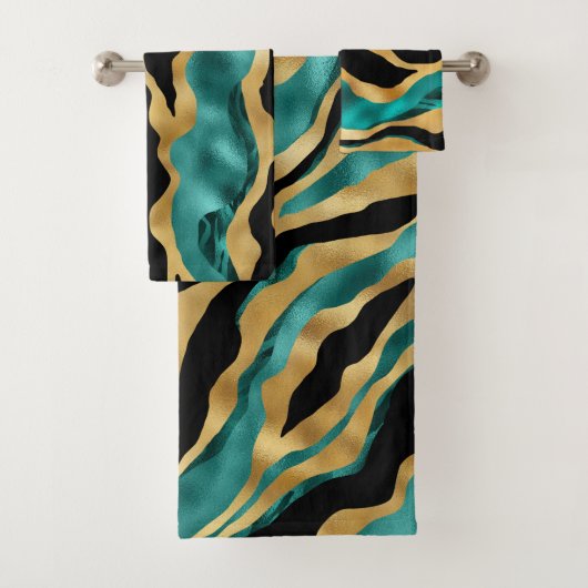 Luxury Gold Teal Tiger Stripe Pattern Badhandtuch Set (Insitu)