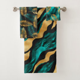 Luxury Gold Teal Tiger Stripe & Tropical Leaves Badhandtuch Set