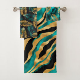 Luxury Gold Teal Tiger Stripe & Tropical Leaves Badhandtuch Set