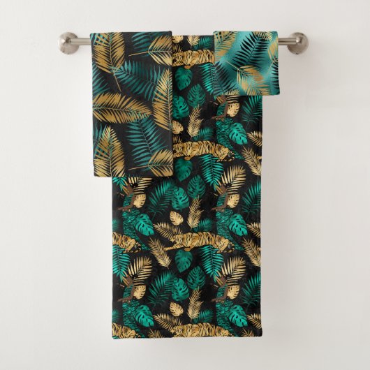 Luxury Gold Teal Tiger & Tropical Leaves Badhandtuch Set (Insitu)