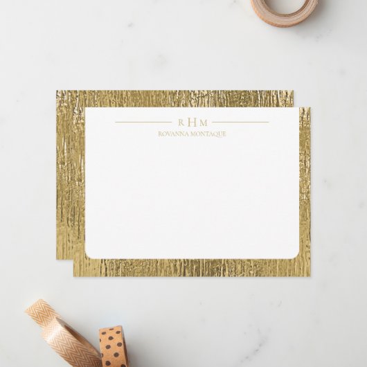 Luxury Gold Texture Lined Name Three Monogram Mitteilungskarte (Vorderseite/Rückseite Beispiel)