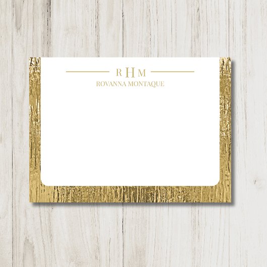 Luxury Gold Texture Lined Name Three Monogram Mitteilungskarte