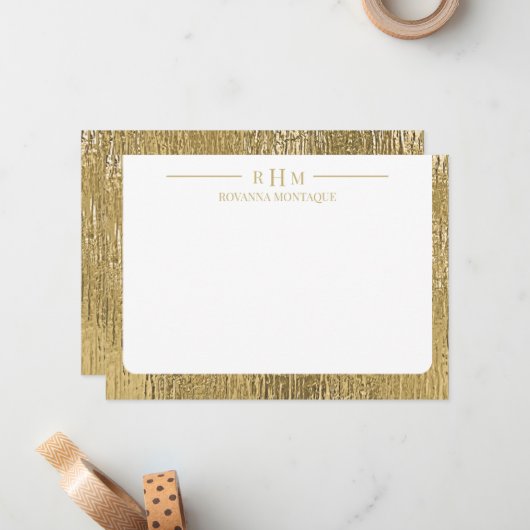 Luxury Gold Texture Lined Name Three Monogram Mitteilungskarte (Vorderseite/Rückseite Beispiel)