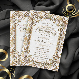 Luxury Gold White Art Deco Gatsby 50. Geburtstag Einladung