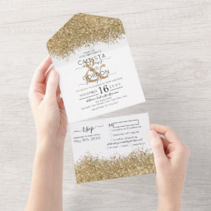 Luxury Gold White Glitzer Confetti Wedding All In One Einladung