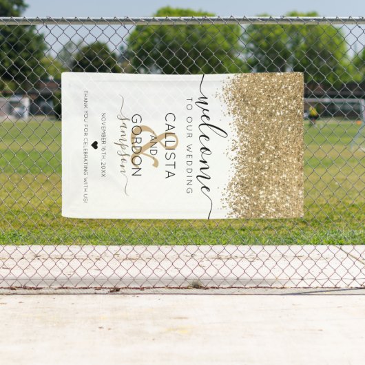 Luxury Gold White Glitzer Confetti Wedding Willkom Banner (Insitu)