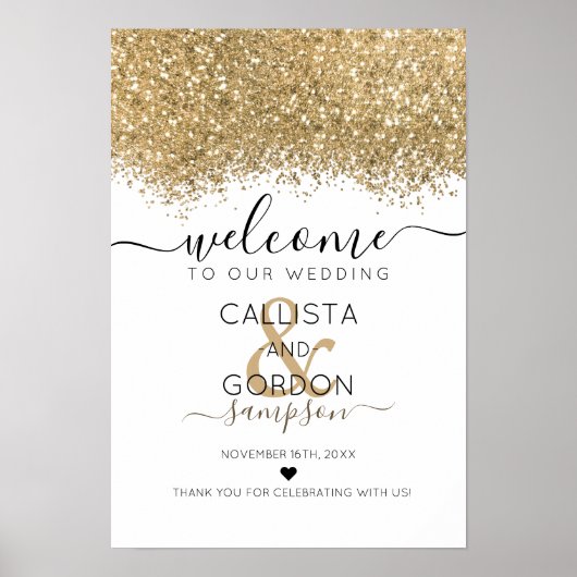 Luxury Gold White Glitzer Confetti Wedding Willkom Poster (Vorne)