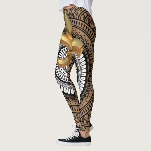 Luxury Golden Fleur-de-Lis Mandala Black Pattern Leggings (Links)