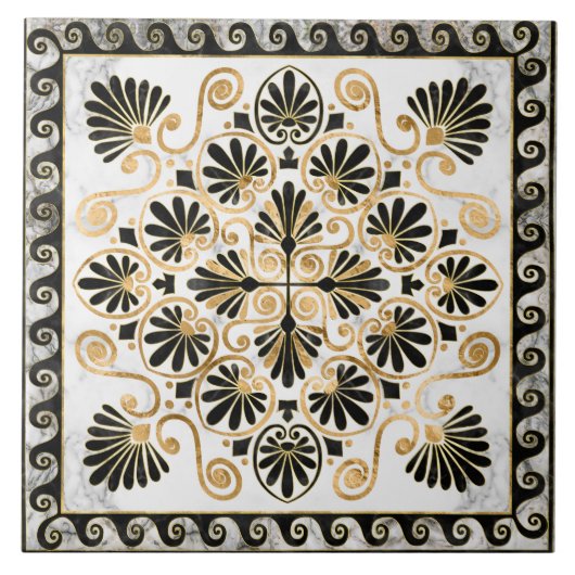 Luxury Greek Ornament Black and White Marble Fliese (Vorderseite)