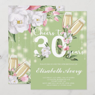 Luxury Green Champagne Floral 30. Geburtstag Party Einladung