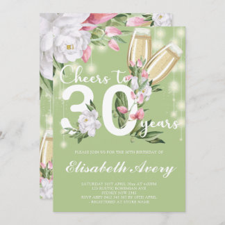 Luxury Green Champagne Floral 30. Geburtstag Party Einladung