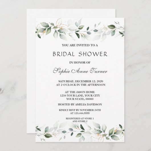 Luxury Greenery Gold Blätter Brautparty Einladung (Vorne/Hinten)