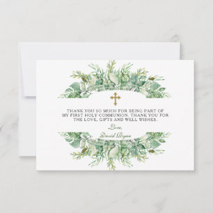 Luxury Greenery Gold Cross Holy Communion Dankeskarte