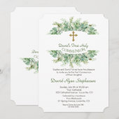Luxury Greenery Gold Cross Holy Communion Einladung (Vorne/Hinten)