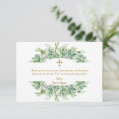 Luxury Greenery Gold Cross Taufe Dankeskarte (Stehend Vorderseite)