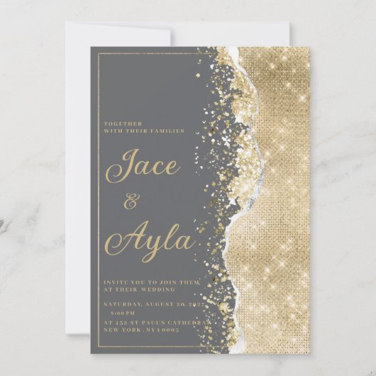 Luxury grey gold glitter classy Wedding Einladung (Vorderseite)