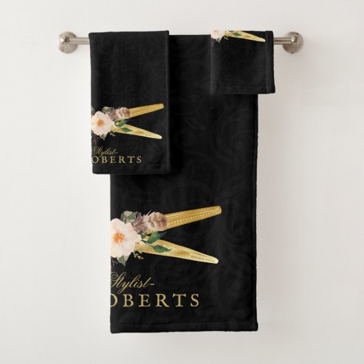 Luxury Hair Stylist Gold Scheren schwarz Damask Badhandtuch Set (Insitu)