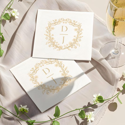 Luxury Hand Drawn Floral Vine Crest Monogram Servietten Mit Folie