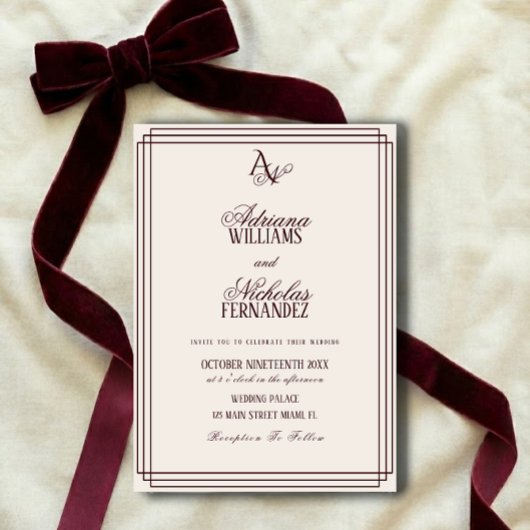 Luxury Ivory Burgundy Monogram Wedding Einladung