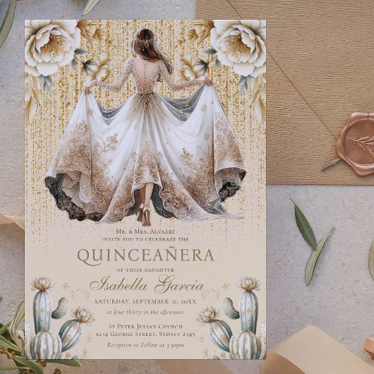 Luxury Ivory Gold Quinceñera Einladung