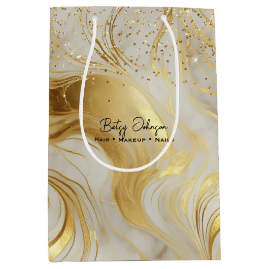 Luxury Ivory Marble and Gold Glitter Mittlere Geschenktüte (Vorderseite)