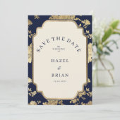 Luxury ivory navy blue gold floral Save the Date Einladung (Stehend Vorderseite)