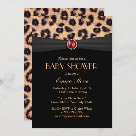 Luxury Leopard Ruby Gem Black Ribbon Baby Dusche Einladung (Vorne/Hinten)