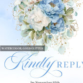 Luxury Light Blue Peonies Gold Wedding RSVP Karte