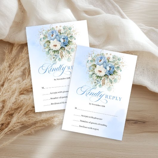 Luxury Light Blue Peonies Gold Wedding RSVP Karte
