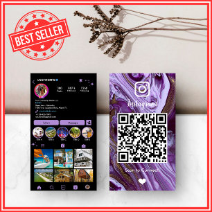 LUXURY Lila & Black Instagram Marble Agate QR Visitenkarte