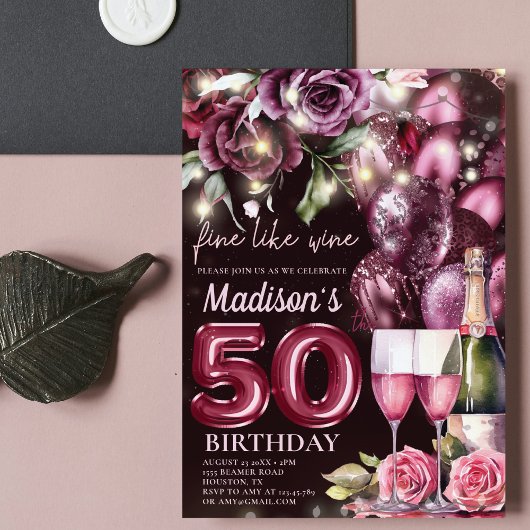 Luxury Magenta Wine Adult 50. Geburtstag Einladung